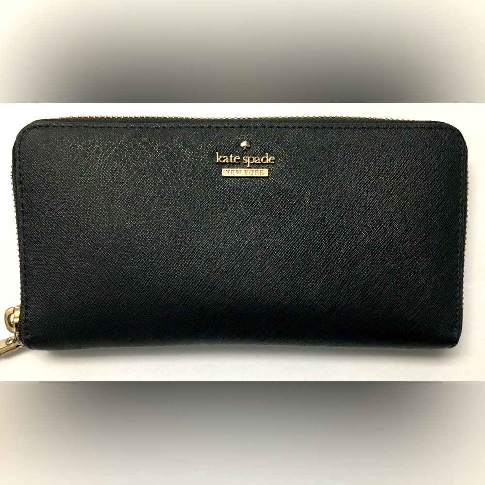 Kate Spade Saffiano Leather Zip Around Wallet Black White Strip Classic